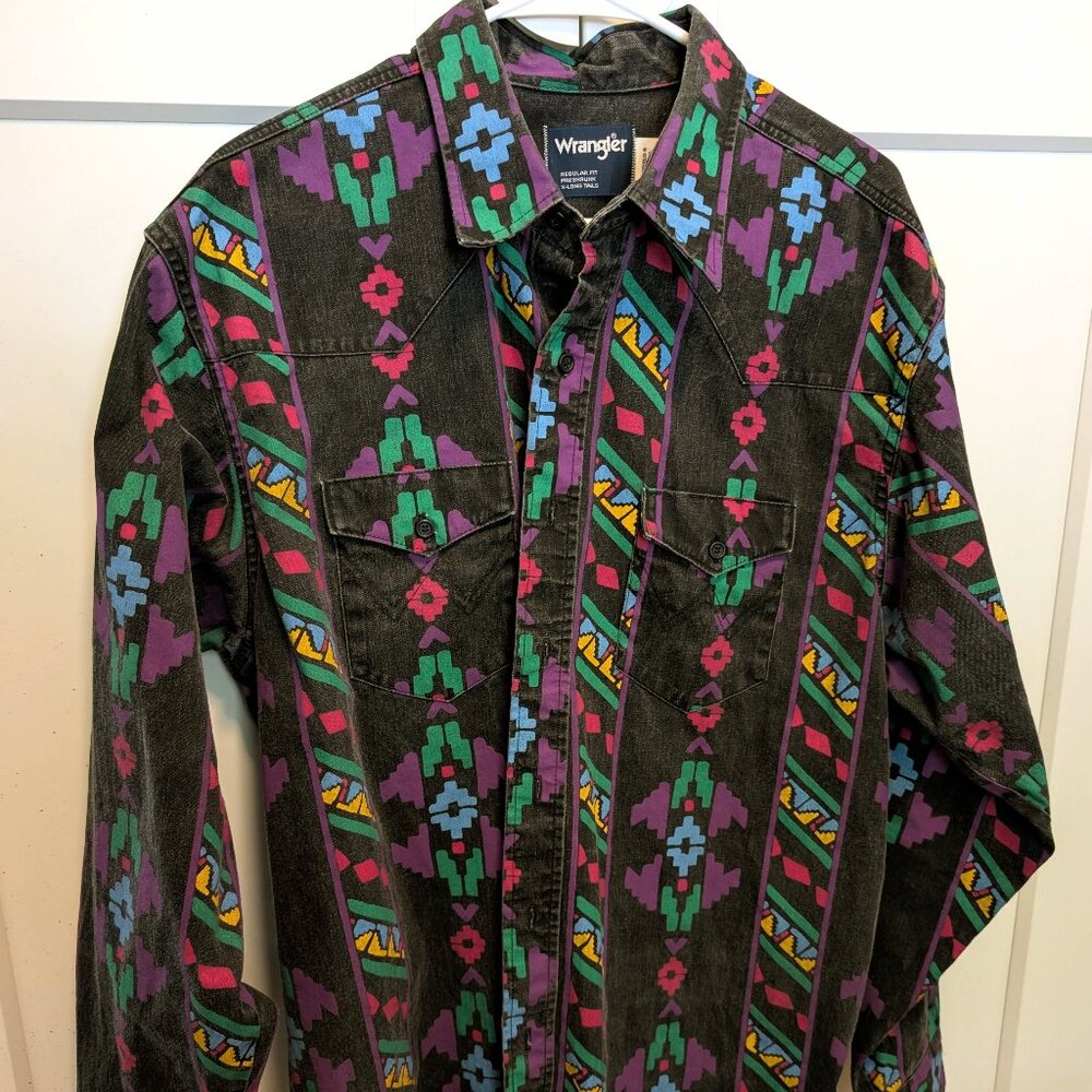 Vintage WRANGLER Brushpopper Button Down Shirt X-Long Tails Aztec Western 17-35